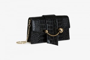 Black Strathberry Crescent On A Chain Croc-Embossed Leather Crossbody Bag | UK SDLC-08216