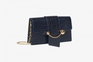 Navy Strathberry Crescent On A Chain Croc-Embossed Leather Crossbody Bag | UK TBPU-28749