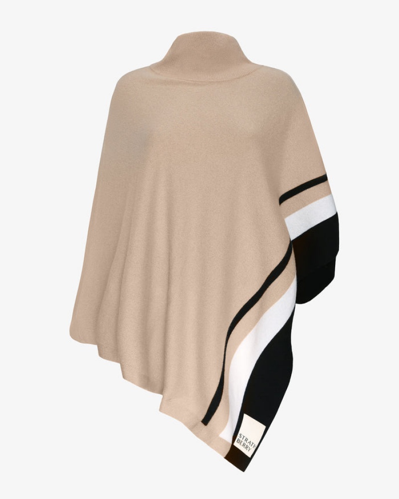 Beige Black Strathberry Pure Cashmere Asymmetric Poncho | UK MZKX-43028