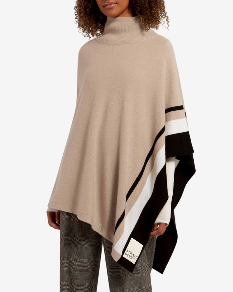 Beige Black Strathberry Pure Cashmere Asymmetric Poncho | UK MZKX-43028