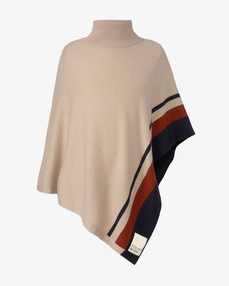 Beige Navy Strathberry Pure Cashmere Asymmetric Poncho | UK ORDG-07138