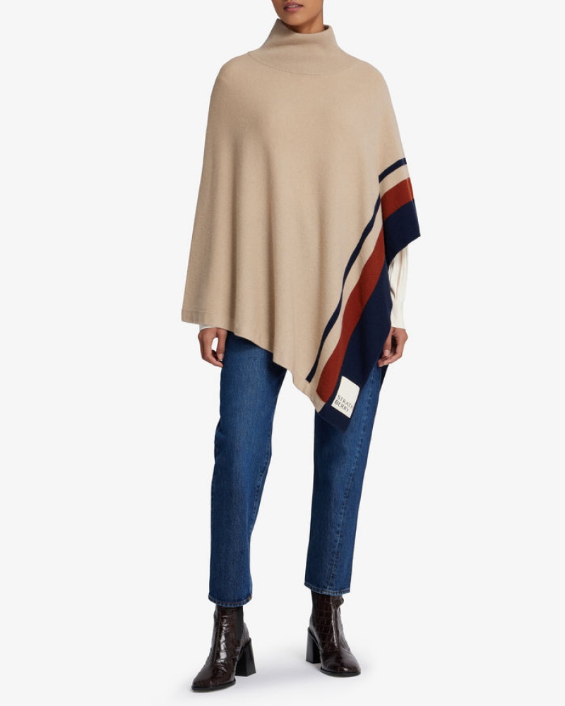 Beige Navy Strathberry Pure Cashmere Asymmetric Poncho | UK ORDG-07138