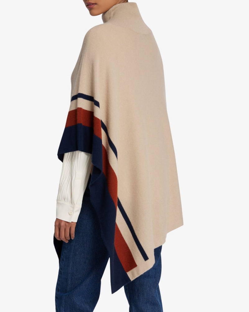 Beige Navy Strathberry Pure Cashmere Asymmetric Poncho | UK ORDG-07138