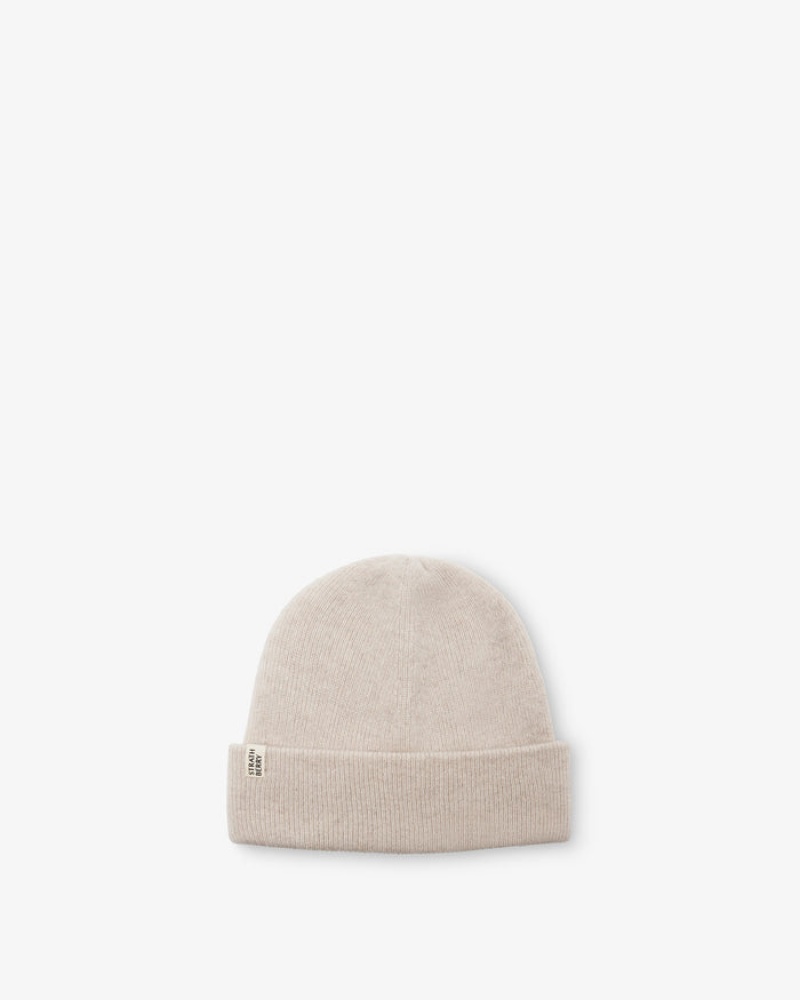 Beige Strathberry Cashmere Ribbed Beanie | UK KTQL-52643