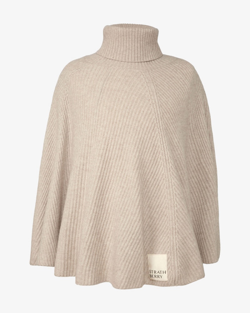 Beige Strathberry Cashmere Wool Ribbed Poncho | UK OFVR-13206