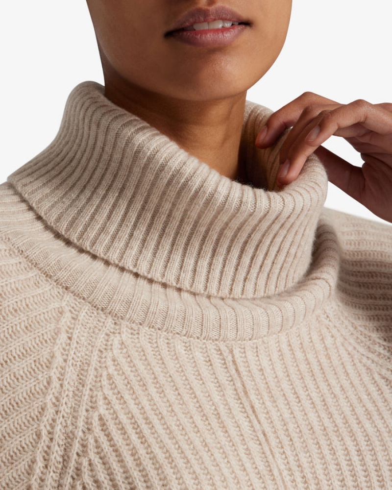 Beige Strathberry Cashmere Wool Ribbed Poncho | UK OFVR-13206