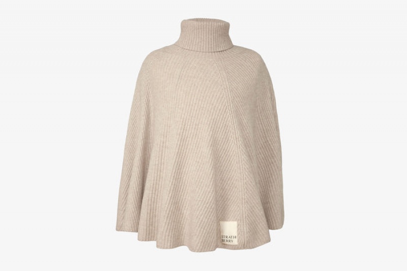 Beige Strathberry Cashmere Wool Ribbed Poncho | UK OFVR-13206