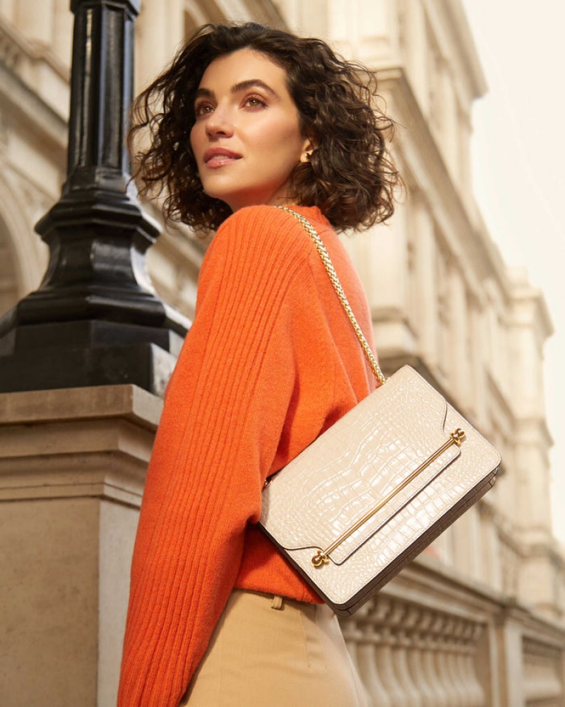 Beige Strathberry East/West Croc-Embossed Leather Shoulder Bag | UK JQMN-18946