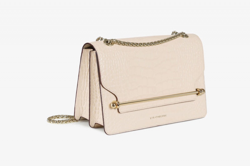 Beige Strathberry East/West Croc-Embossed Leather Shoulder Bag | UK JQMN-18946