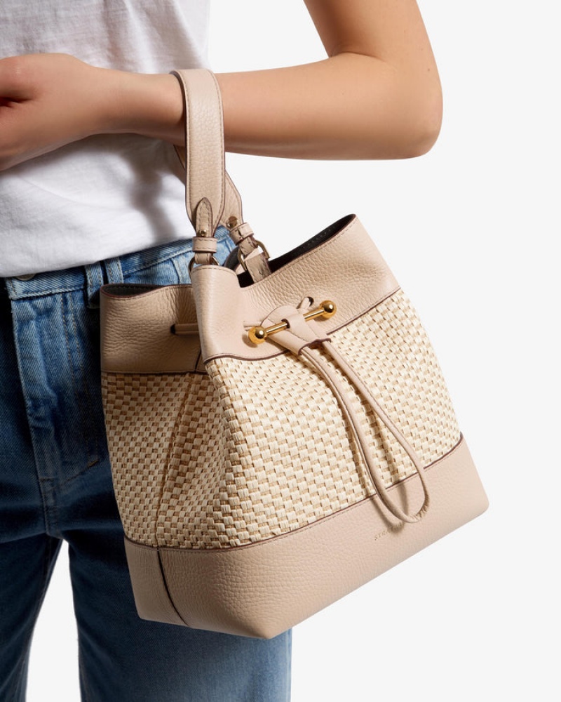 Beige Strathberry Lana Osette Midi Cotton/Leather Top Handle Bag | UK VQEW-30456