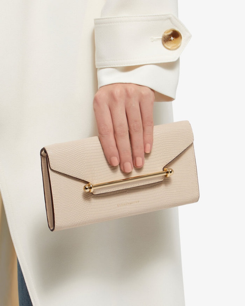 Beige Strathberry Multrees Chain Wallet Lizard-Embossed Leather Clutch Bag | UK NGJI-02678