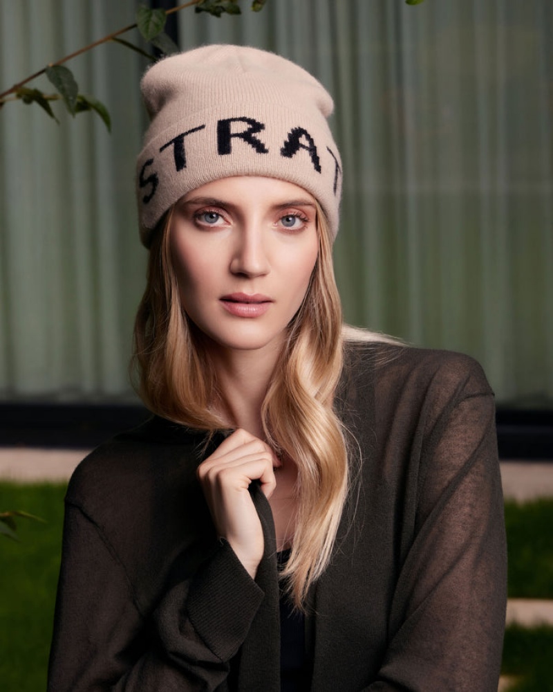 Beige Strathberry Pure Cashmere Logo Beanie | UK LRFJ-04213