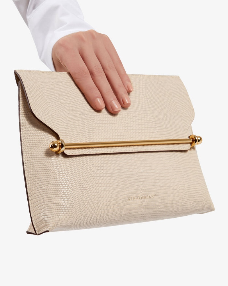 Beige Strathberry Stylist Lizard-Embossed Leather Clutch Bag | UK NQOV-42631