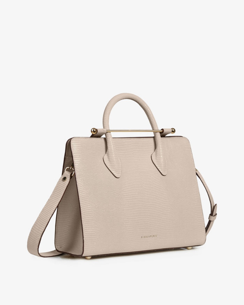 Beige Strathberry The Midi Tote Lizard-Embossed Leather Crossbody Bag | UK GVES-15360