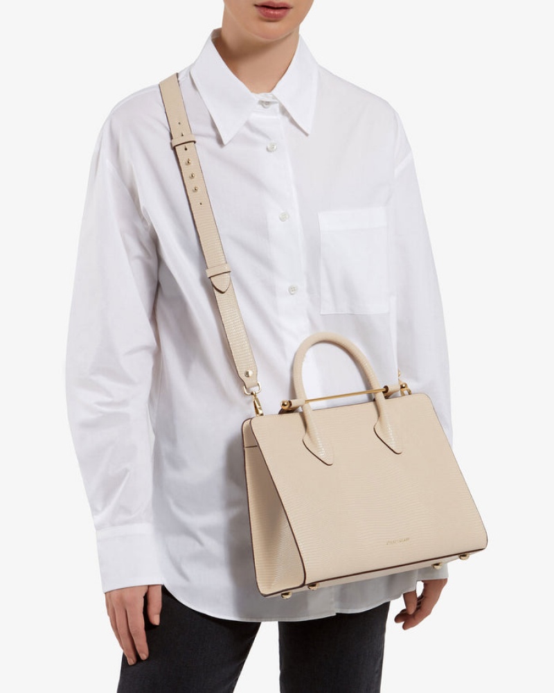 Beige Strathberry The Midi Tote Lizard-Embossed Leather Crossbody Bag | UK GVES-15360