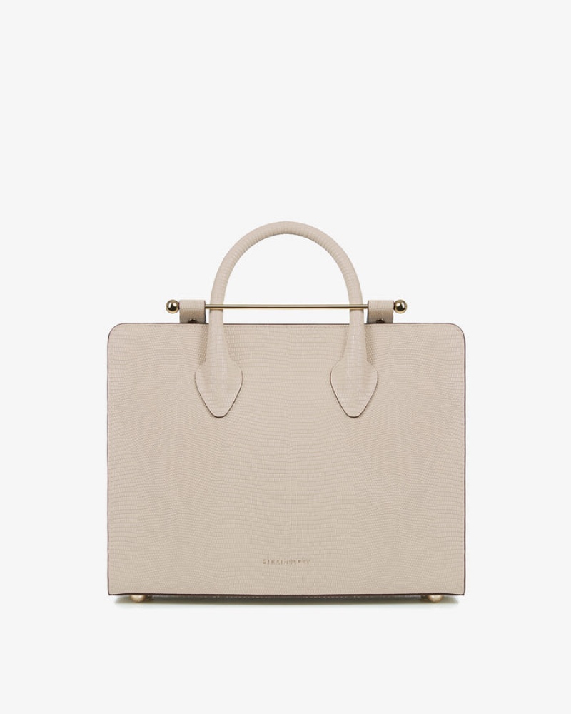 Beige Strathberry The Midi Tote Lizard-Embossed Leather Crossbody Bag | UK GVES-15360