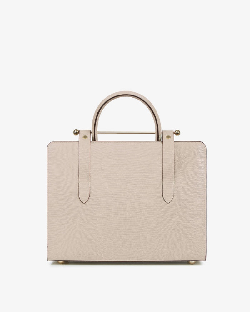 Beige Strathberry The Midi Tote Lizard-Embossed Leather Crossbody Bag | UK GVES-15360