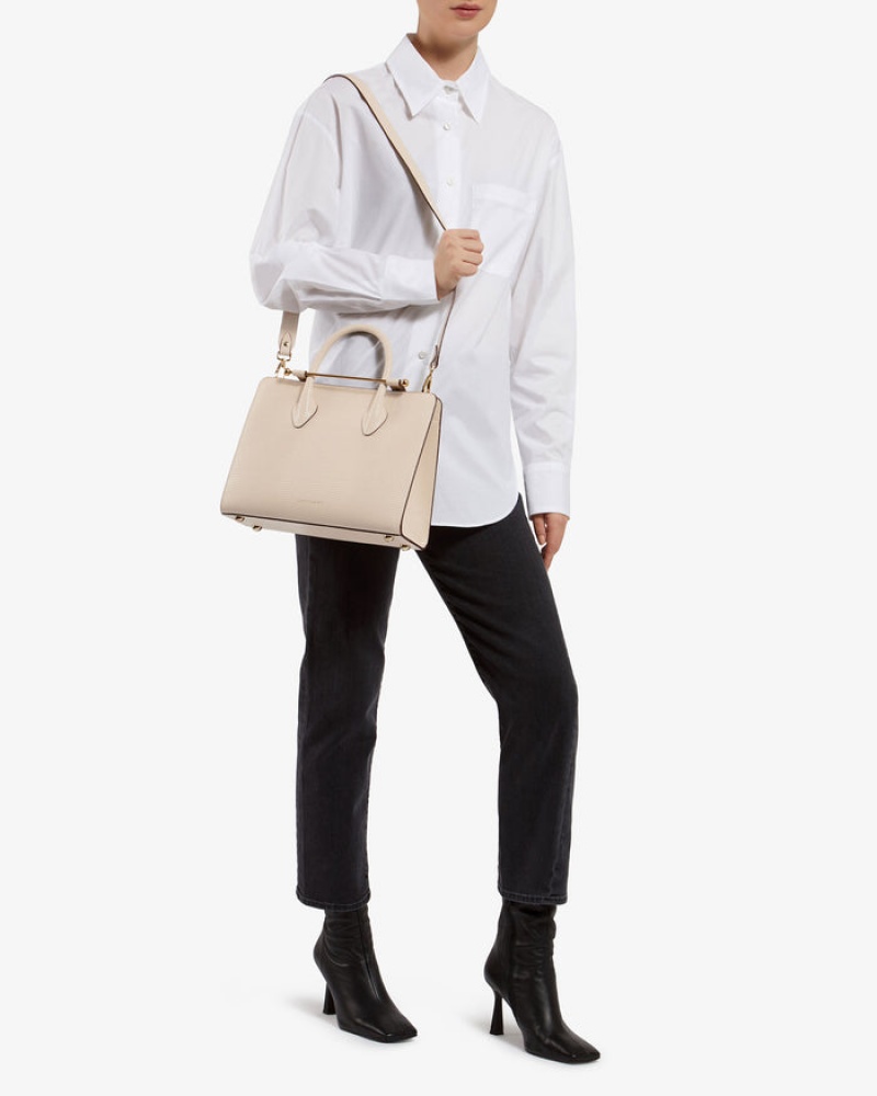 Beige Strathberry The Midi Tote Lizard-Embossed Leather Crossbody Bag | UK GVES-15360