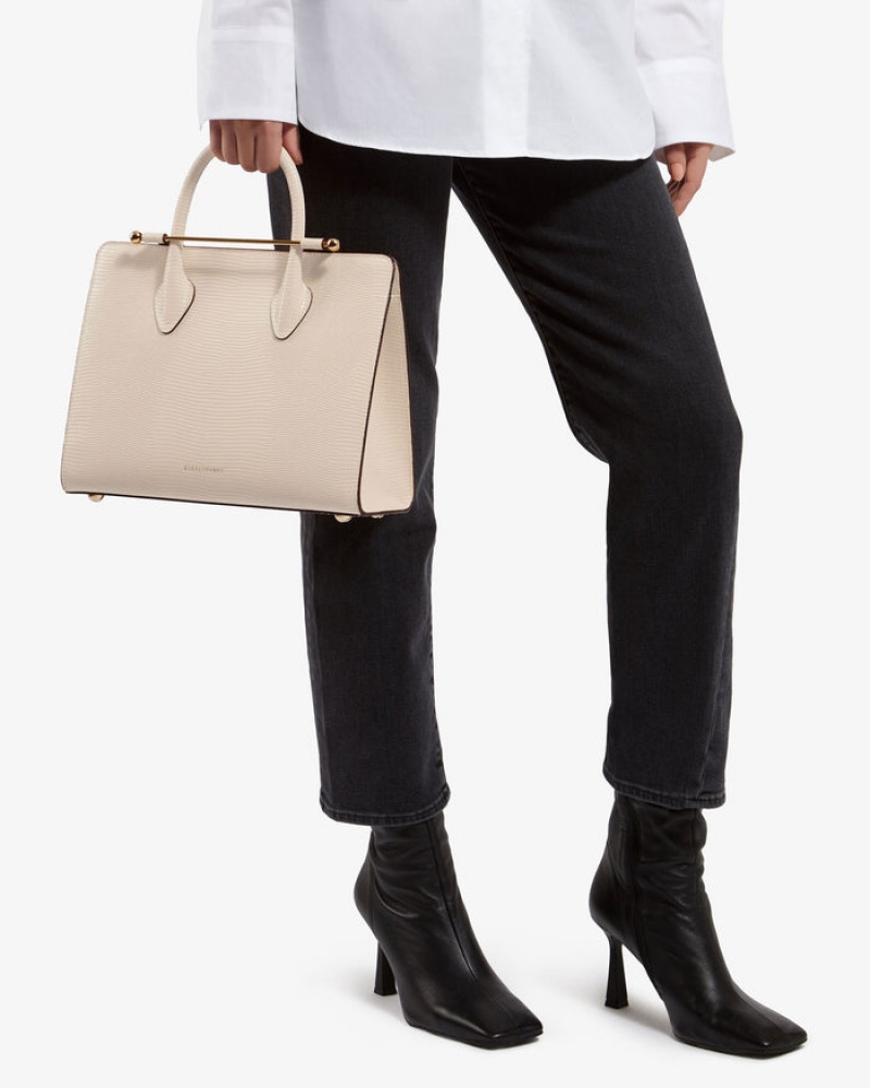 Beige Strathberry The Midi Tote Lizard-Embossed Leather Crossbody Bag | UK GVES-15360