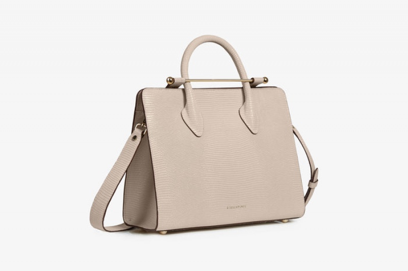 Beige Strathberry The Midi Tote Lizard-Embossed Leather Crossbody Bag | UK GVES-15360