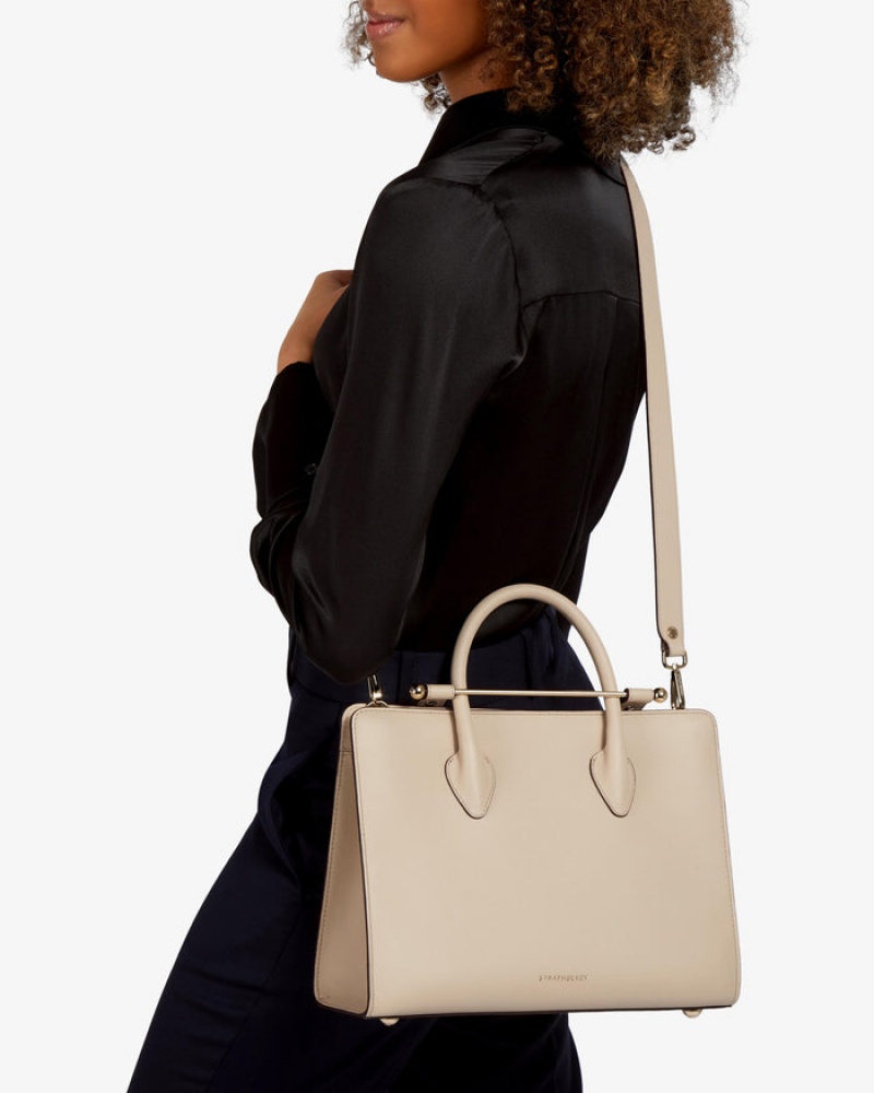 Beige Strathberry The Midi Tote Top Handle Bag | UK URBK-27039