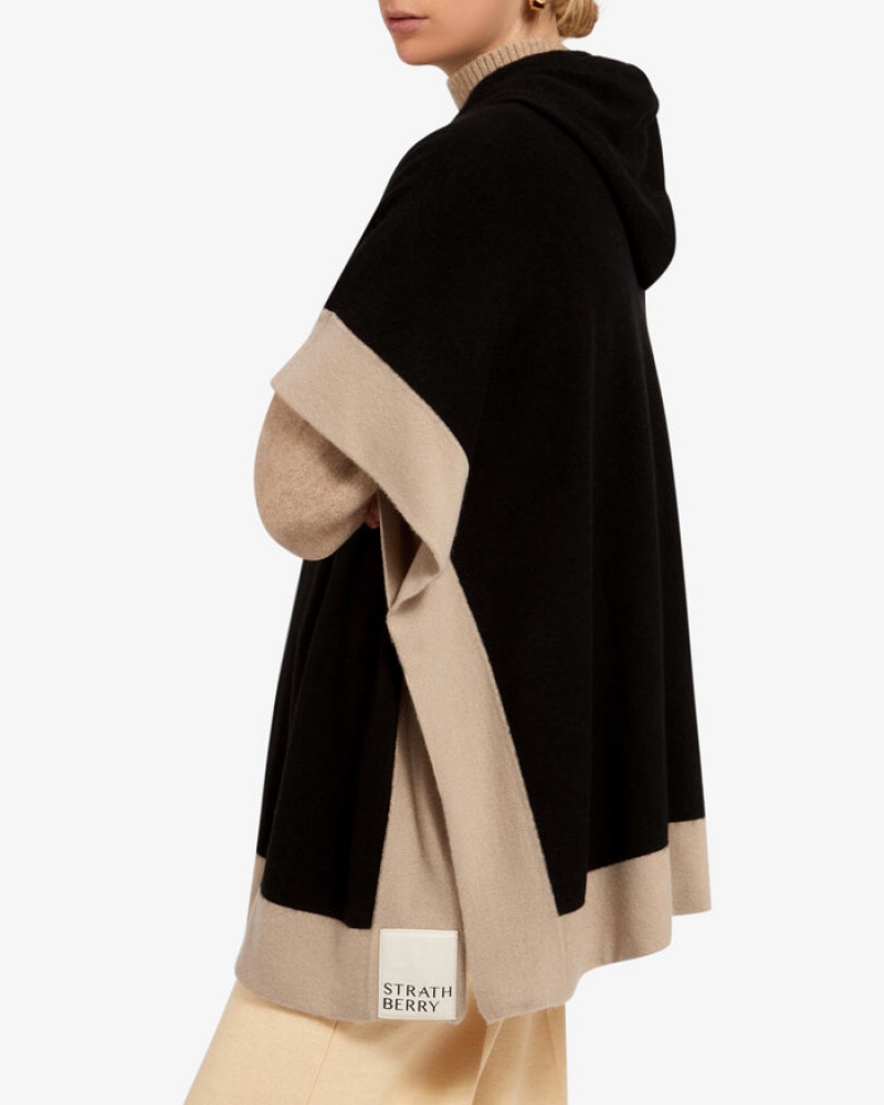 Black Brown Strathberry Pure Cashmere Relaxed Hood Poncho | UK VEPG-26895