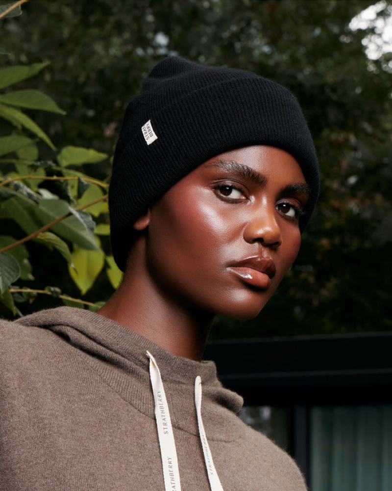 Black Strathberry Cashmere Ribbed Beanie | UK YKOW-57849