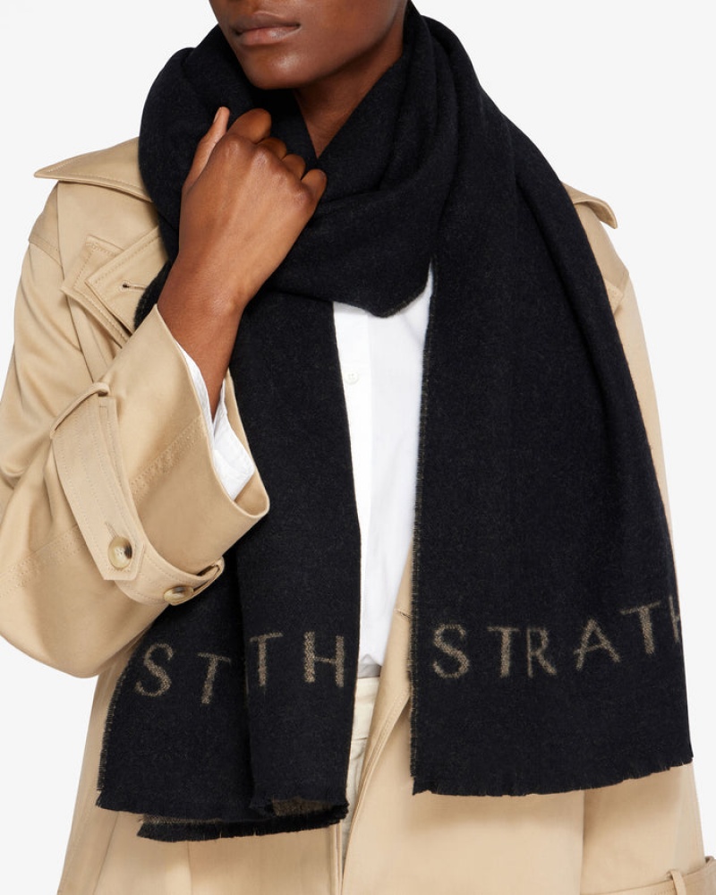 Black Strathberry Cashmere Wool Logo Scarf | UK GRZF-19745