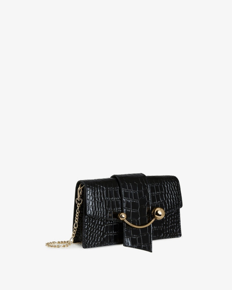 Black Strathberry Crescent On A Chain Croc-Embossed Leather Crossbody Bag | UK SDLC-08216