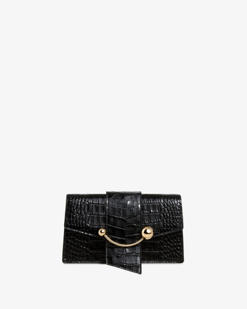 Black Strathberry Crescent On A Chain Croc-Embossed Leather Crossbody Bag | UK SDLC-08216