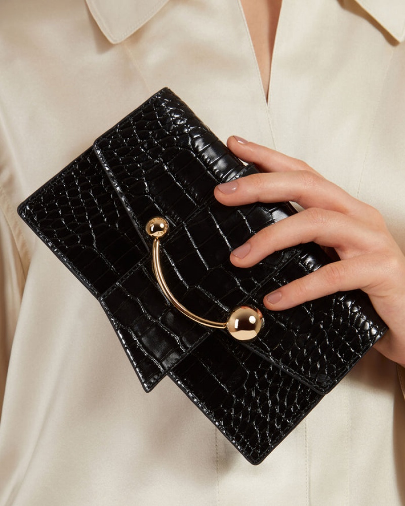 Black Strathberry Crescent On A Chain Croc-Embossed Leather Crossbody Bag | UK SDLC-08216