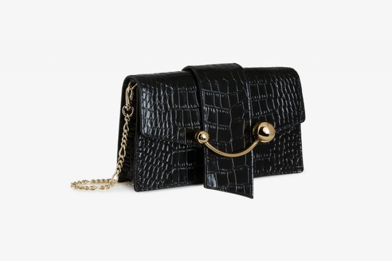 Black Strathberry Crescent On A Chain Croc-Embossed Leather Crossbody Bag | UK SDLC-08216