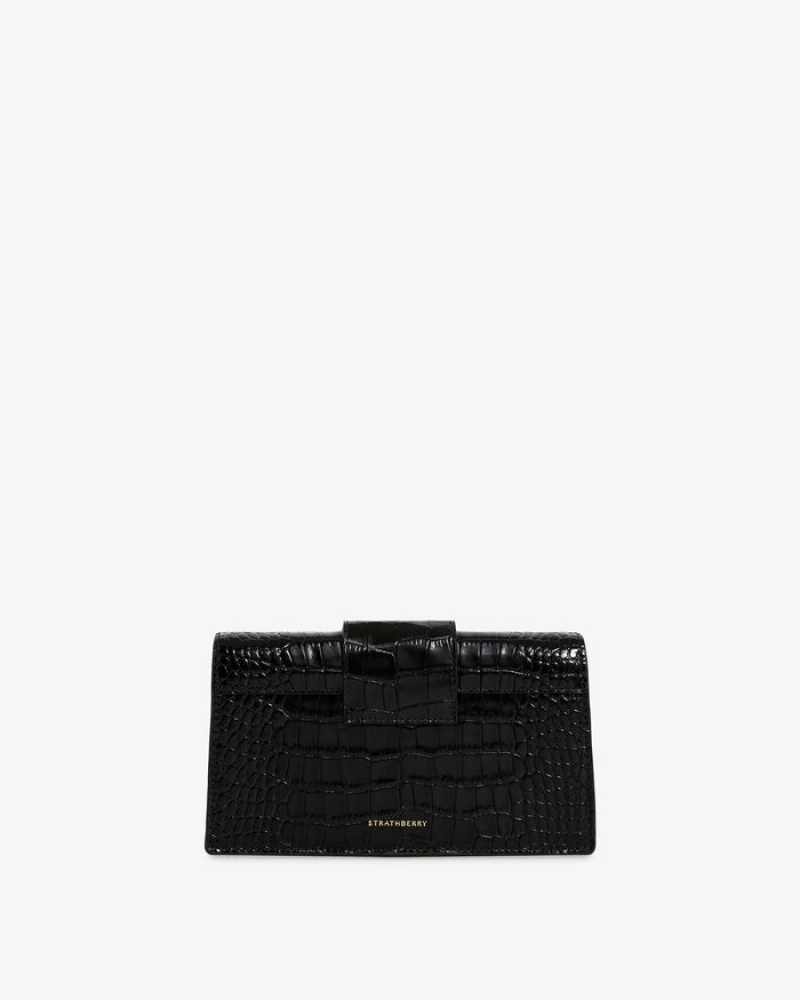 Black Strathberry Crescent On A Chain Croc-Embossed Leather Clutch Bag | UK QHFW-25089