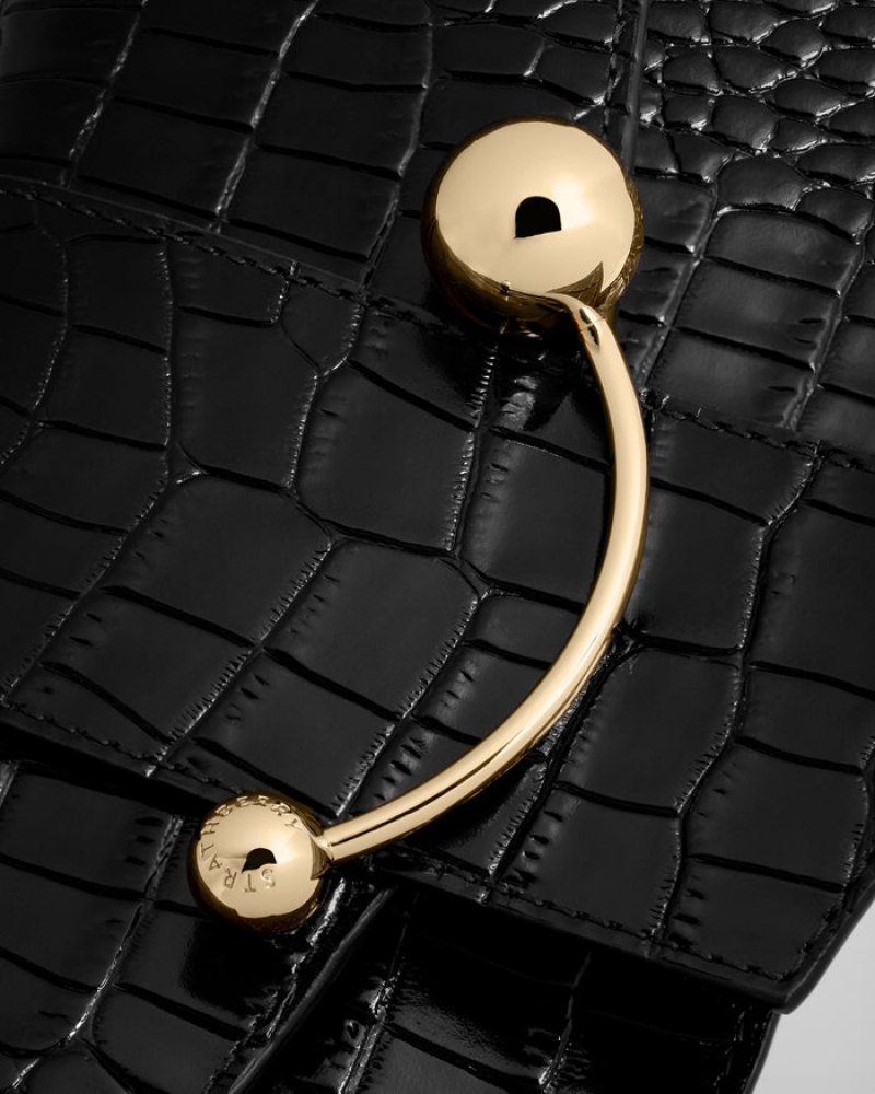 Black Strathberry Crescent On A Chain Croc-Embossed Leather Clutch Bag | UK QHFW-25089