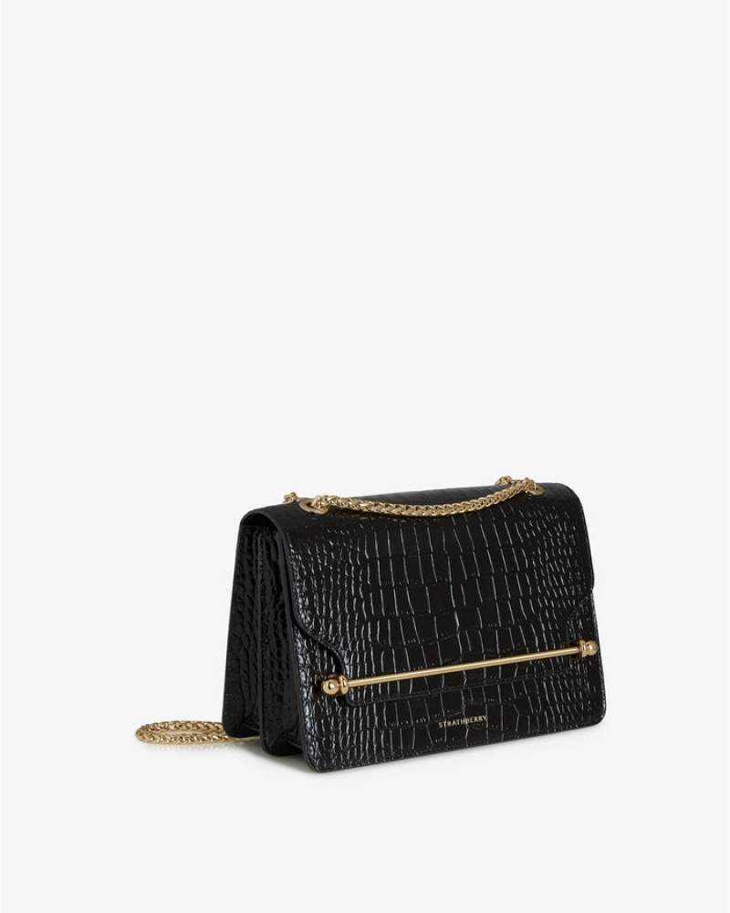 Black Strathberry East/West Croc-Embossed Leather Shoulder Bag | UK HFUA-70281