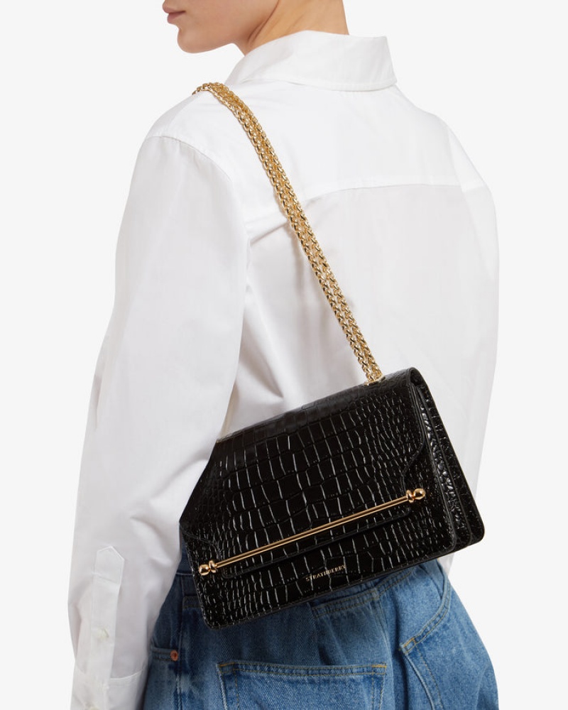 Black Strathberry East/West Croc-Embossed Leather Shoulder Bag | UK HFUA-70281