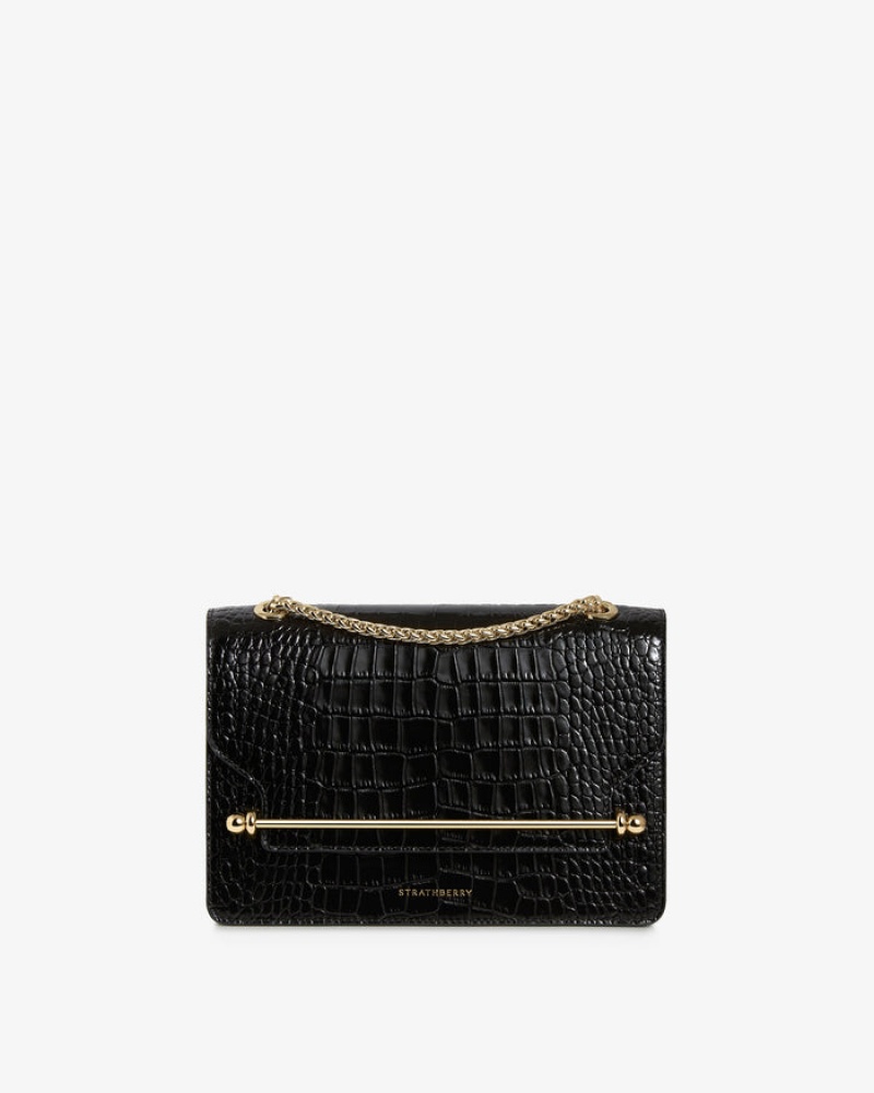 Black Strathberry East/West Croc-Embossed Leather Shoulder Bag | UK HFUA-70281