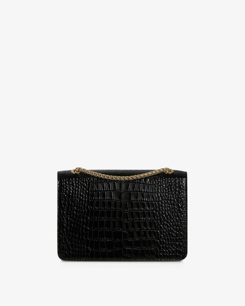 Black Strathberry East/West Croc-Embossed Leather Shoulder Bag | UK HFUA-70281