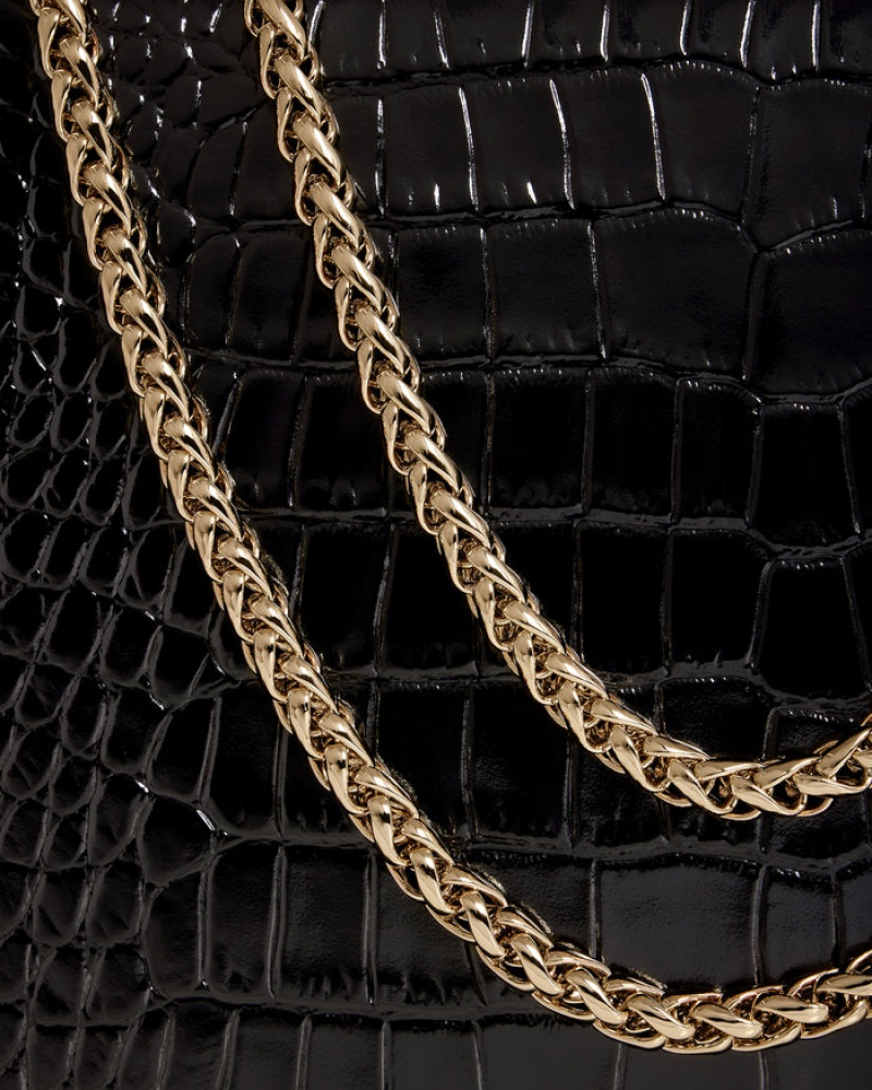 Black Strathberry East/West Croc-Embossed Leather Shoulder Bag | UK HFUA-70281