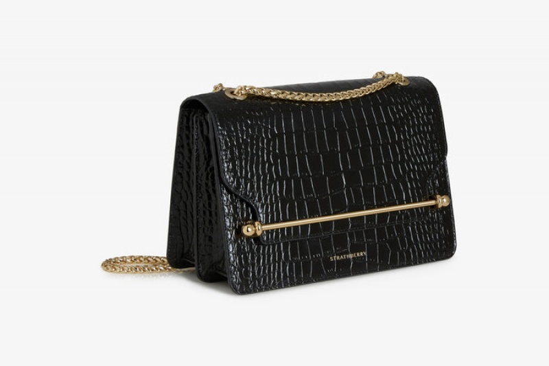 Black Strathberry East/West Croc-Embossed Leather Shoulder Bag | UK HFUA-70281