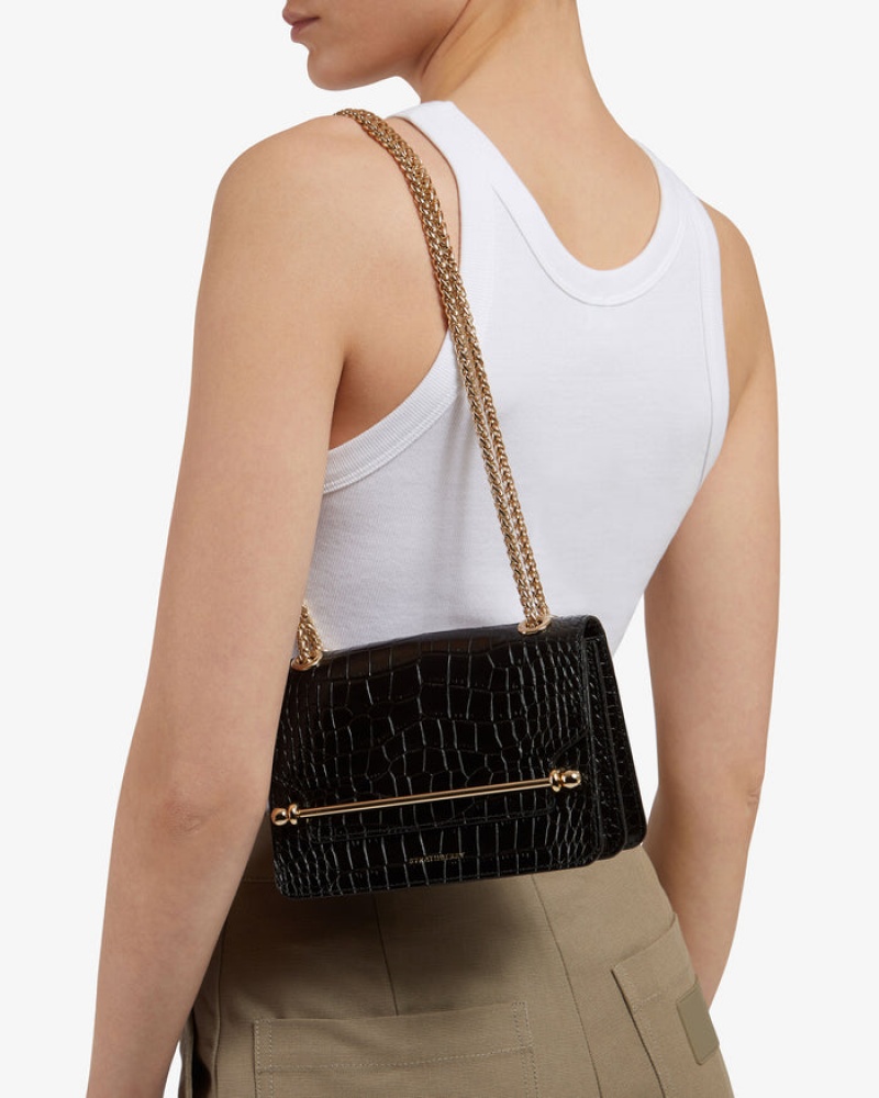 Black Strathberry East/West Croc-Embossed Leather Mini Bag | UK NMGQ-79024