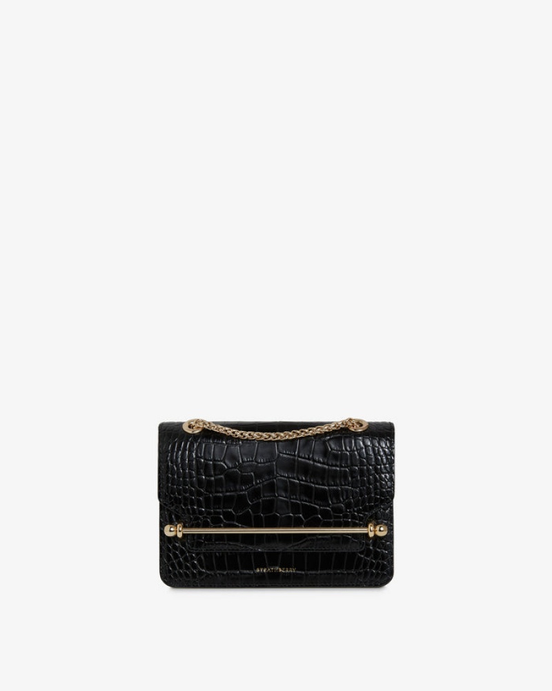 Black Strathberry East/West Croc-Embossed Leather Mini Bag | UK NMGQ-79024