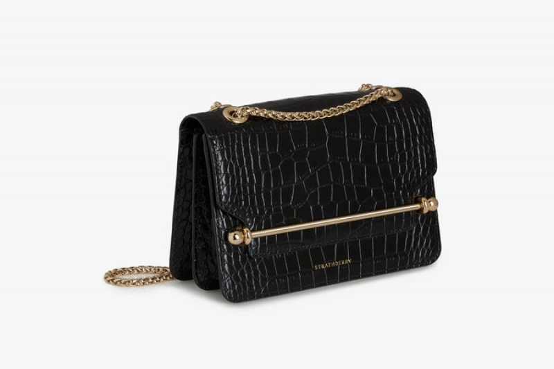 Black Strathberry East/West Croc-Embossed Leather Mini Bag | UK NMGQ-79024