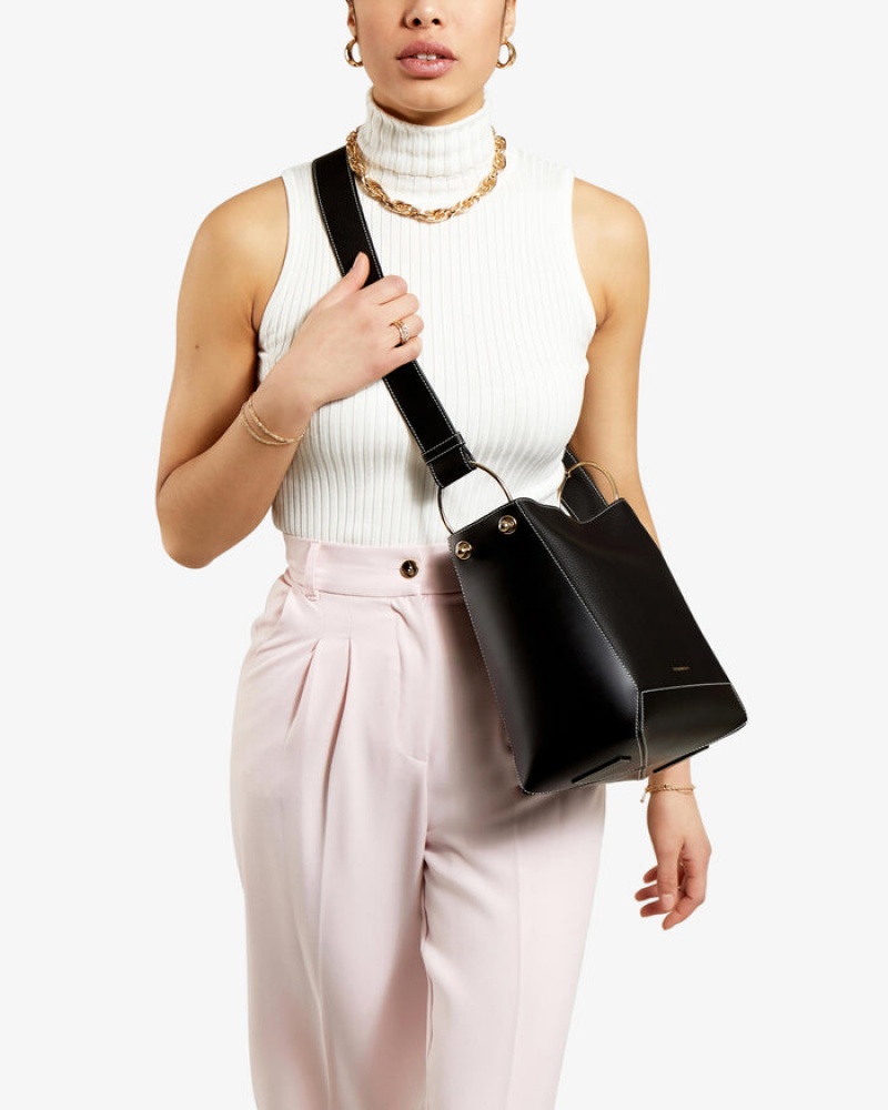 Black Strathberry Lana Midi Bucket With Stitch Shoulder Bag | UK HVFG-39067