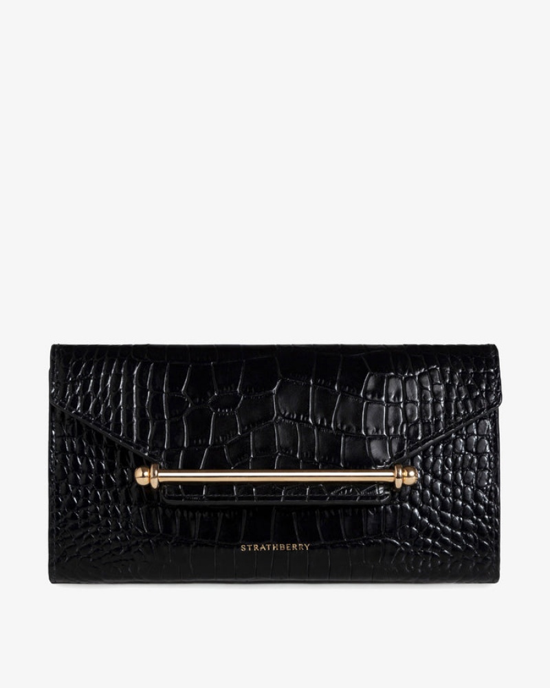 Black Strathberry Multrees Chain Croc-Embossed Leather Wallet | UK KAES-31857