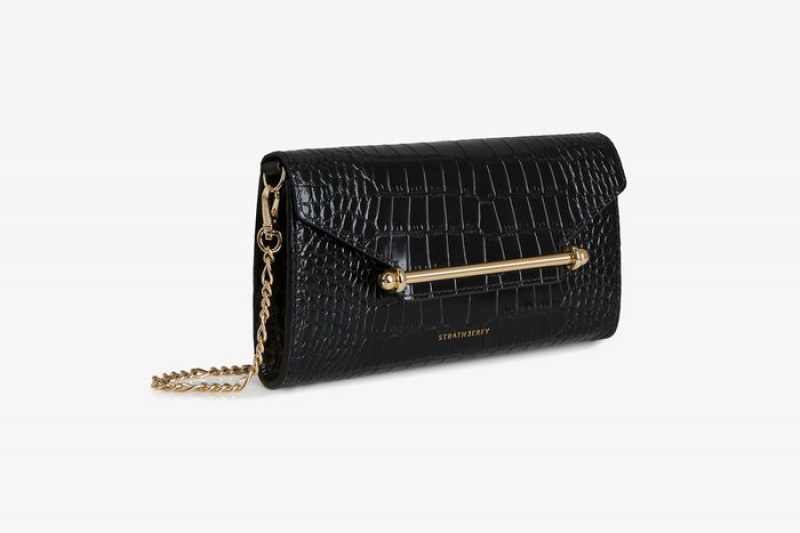 Black Strathberry Multrees Chain Croc-Embossed Leather Wallet | UK KAES-31857