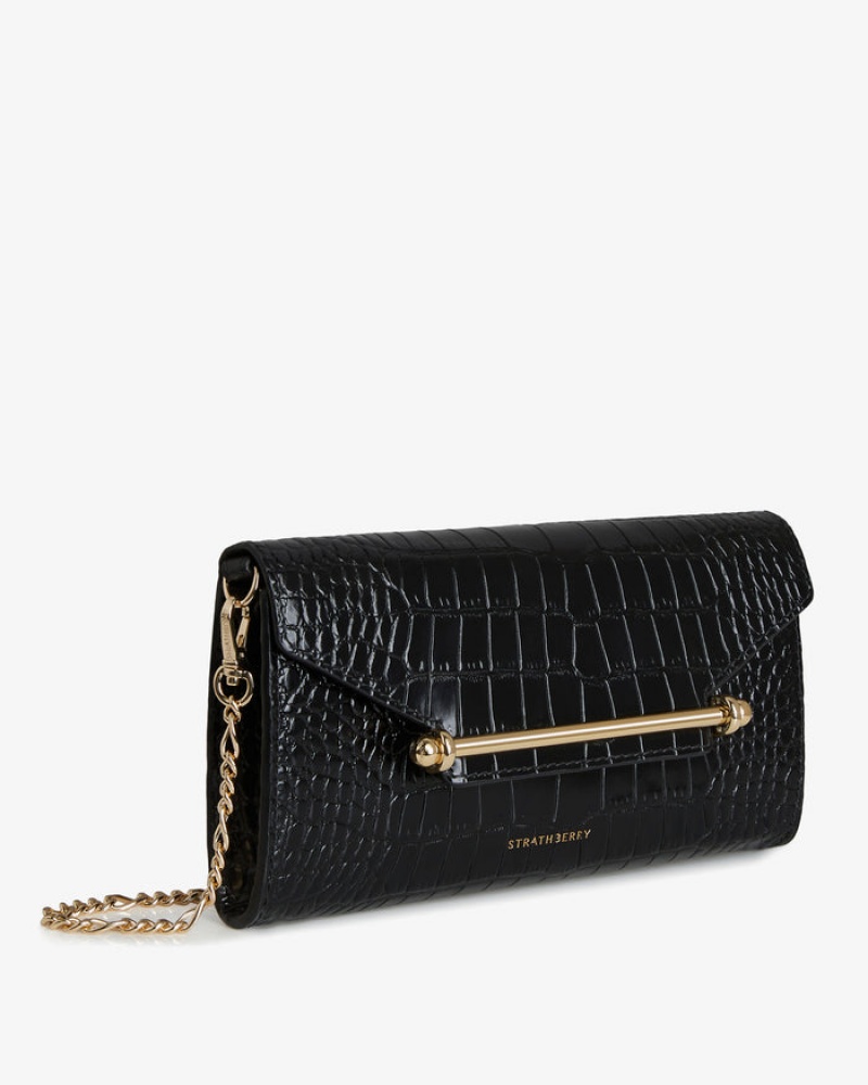 Black Strathberry Multrees Chain Wallet Croc-Embossed Leather Mini Bag | UK ZODG-16052