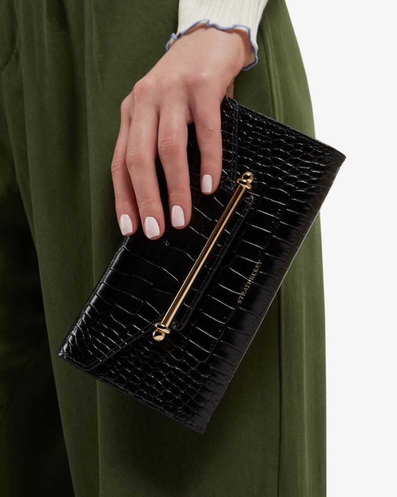 Black Strathberry Multrees Chain Wallet Croc-Embossed Leather Clutch Bag | UK KLGH-91483