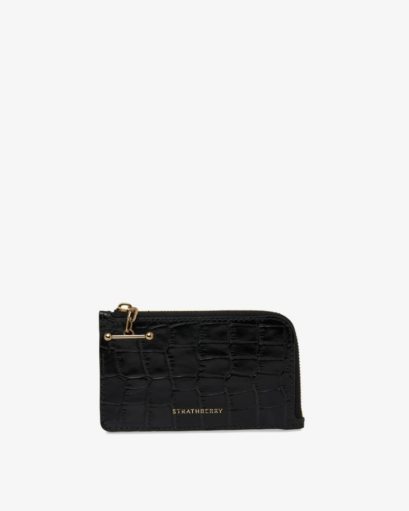 Black Strathberry Princes Street Zip Croc-Embossed Leather Wallet | UK UDNZ-27845