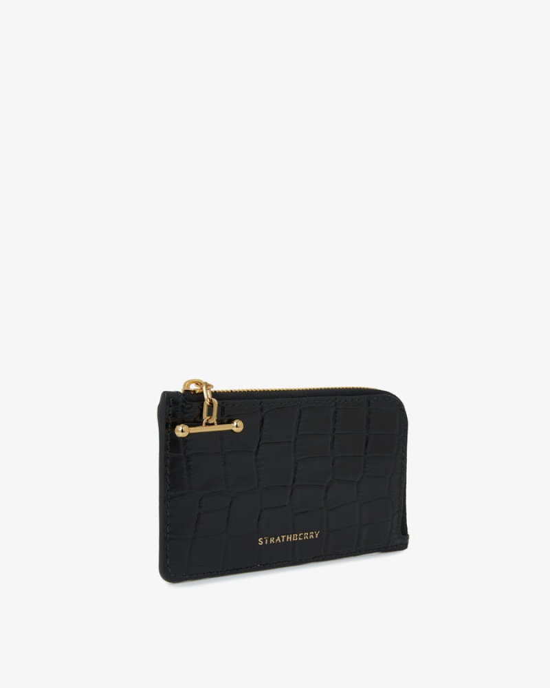 Black Strathberry Princes Street Zip Croc-Embossed Leather Wallet | UK UDNZ-27845